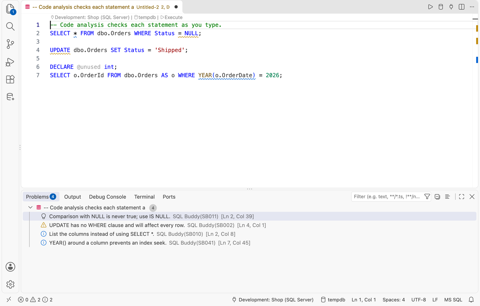 Code analysis: problems underlined as you type and listed in the Problems view