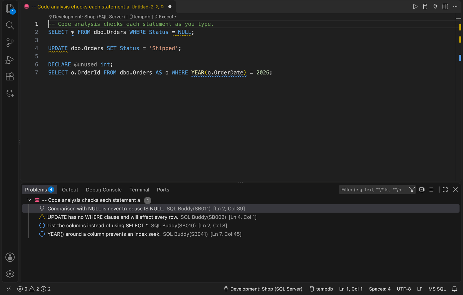 Code analysis: problems underlined as you type and listed in the Problems view