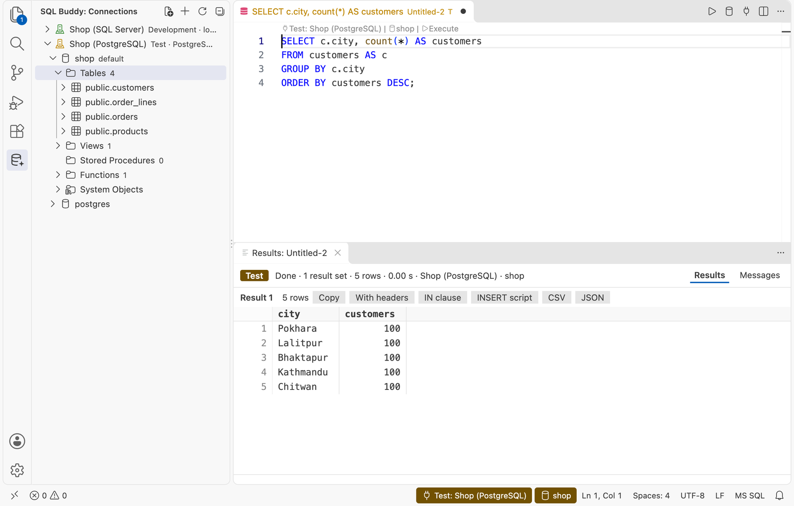 The Connections view with a database open, beside a query and its results