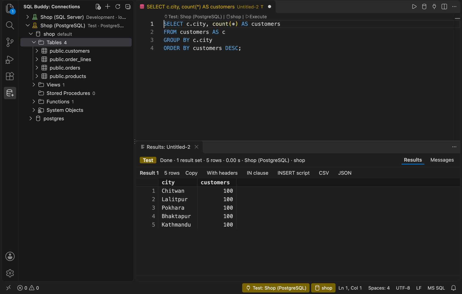 The Connections view with a database open, beside a query and its results