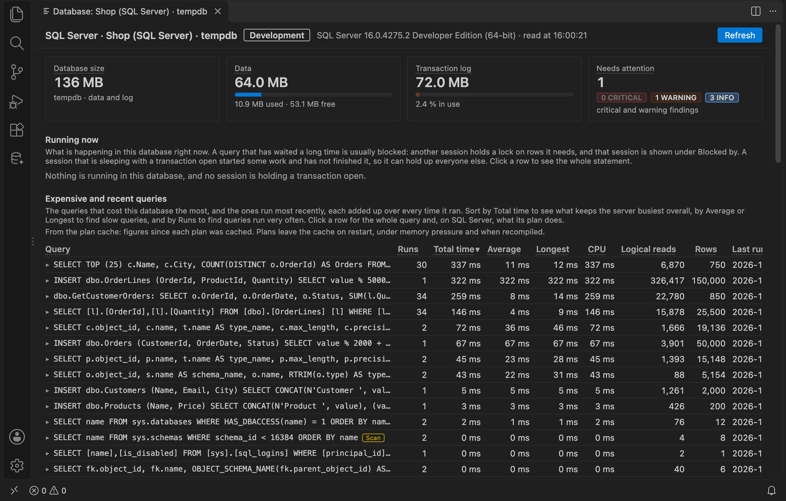 Database dashboard: sizes, what needs attention, and the most expensive queries