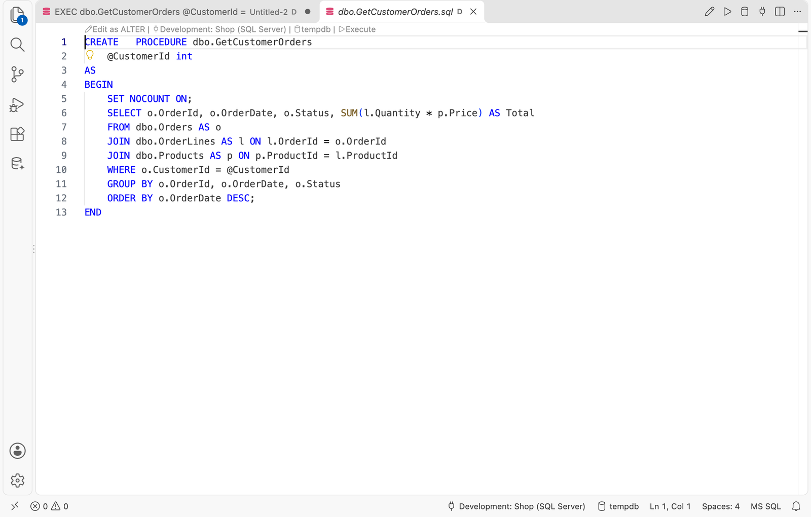 Go to Definition shows the stored procedure read-only, with Edit as ALTER above it