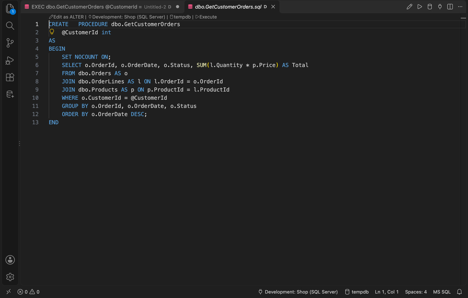 Go to Definition shows the stored procedure read-only, with Edit as ALTER above it