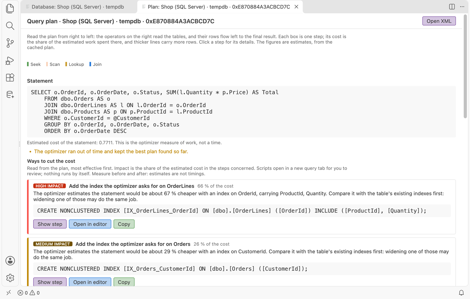 Query plan with ways to cut its cost, each with a script to review