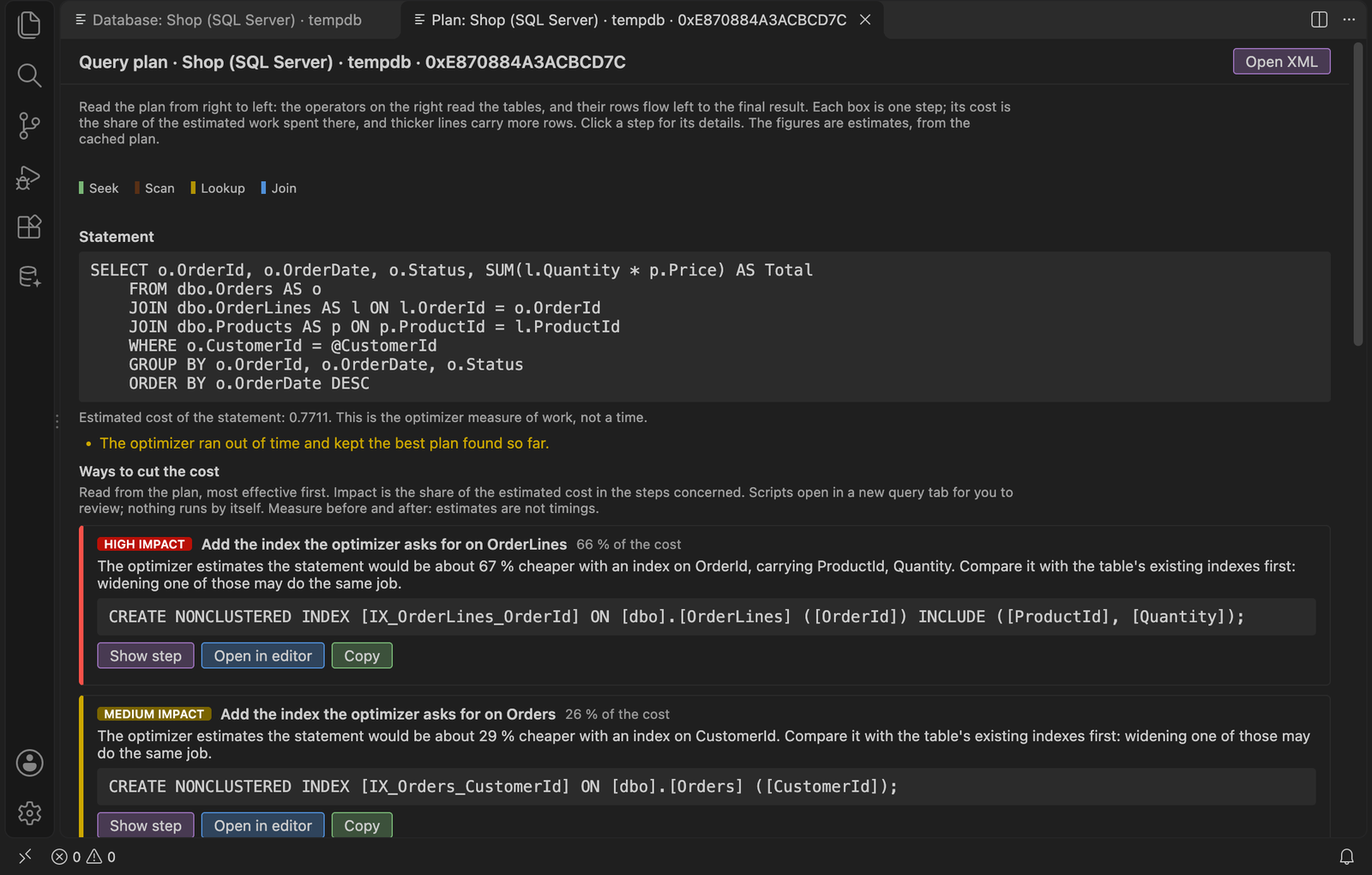 Query plan with ways to cut its cost, each with a script to review