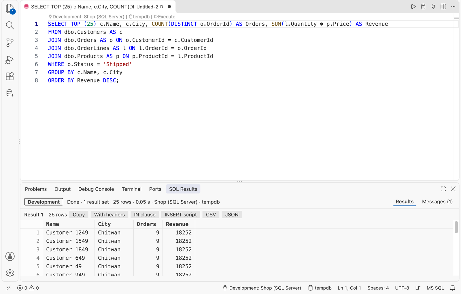 Results in the SQL Results view of the panel