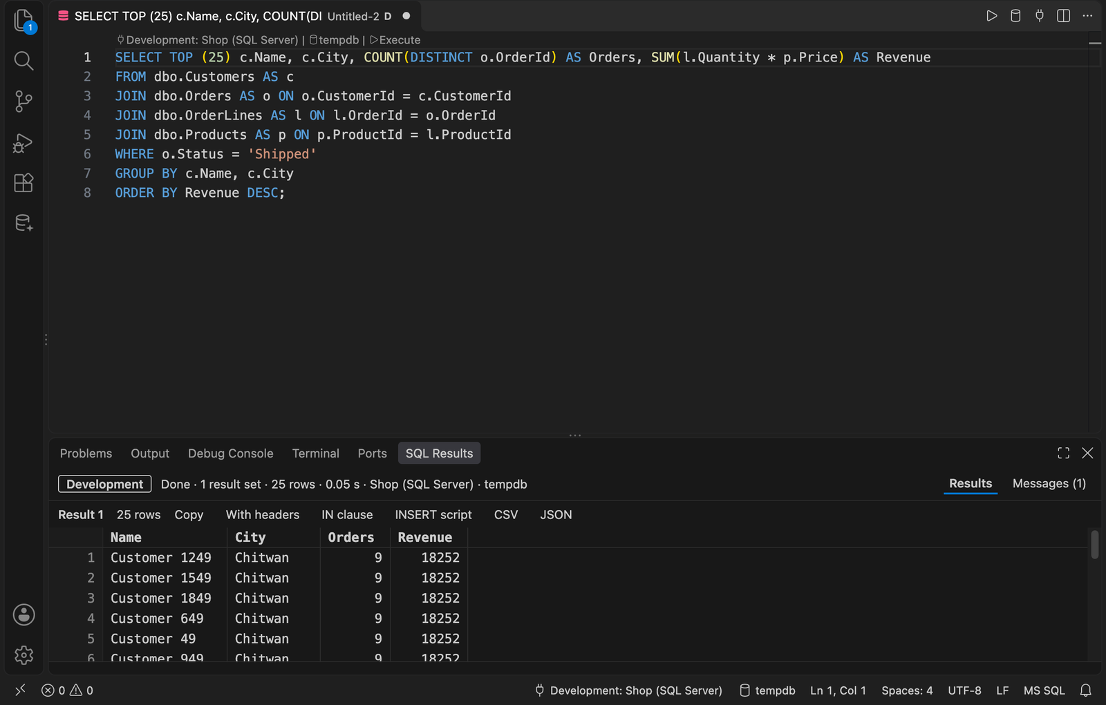 Results in the SQL Results view of the panel